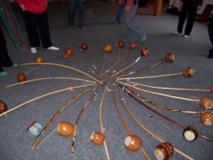 A spiral of berimbaus - the Brazillian instrument used in leading taketina